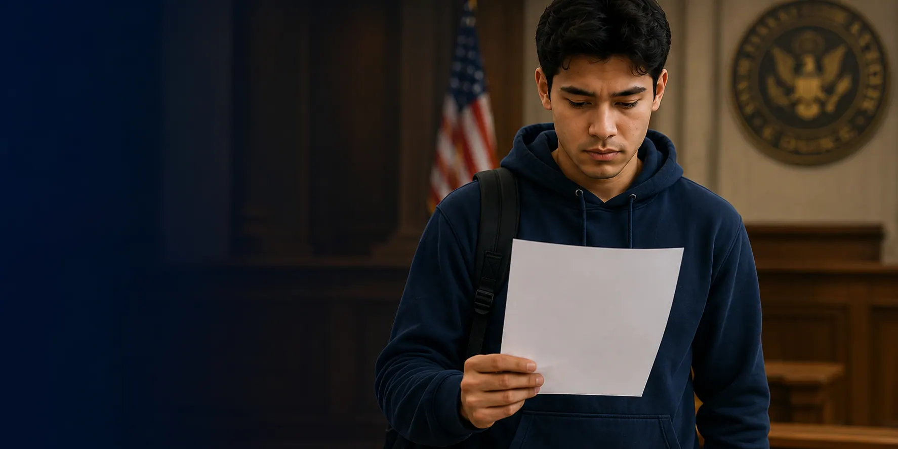 An international student reads a Notice to Appear inside an immigration courtroom