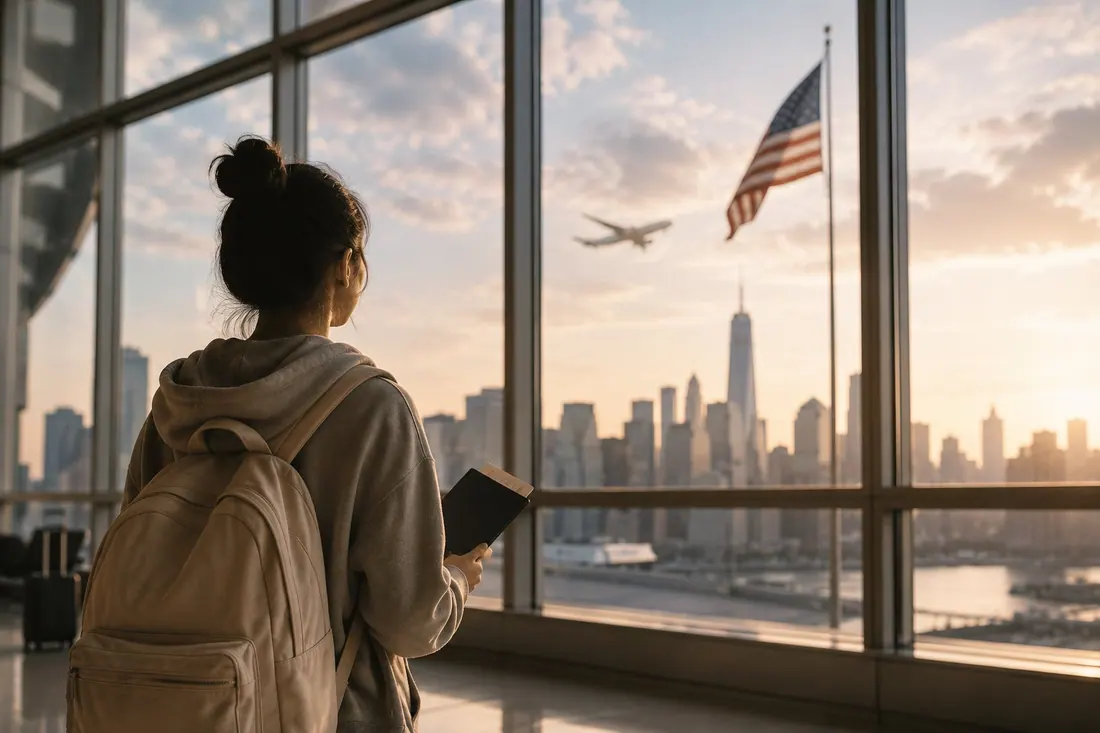 An international student holding a passport looks out at the New York skyline